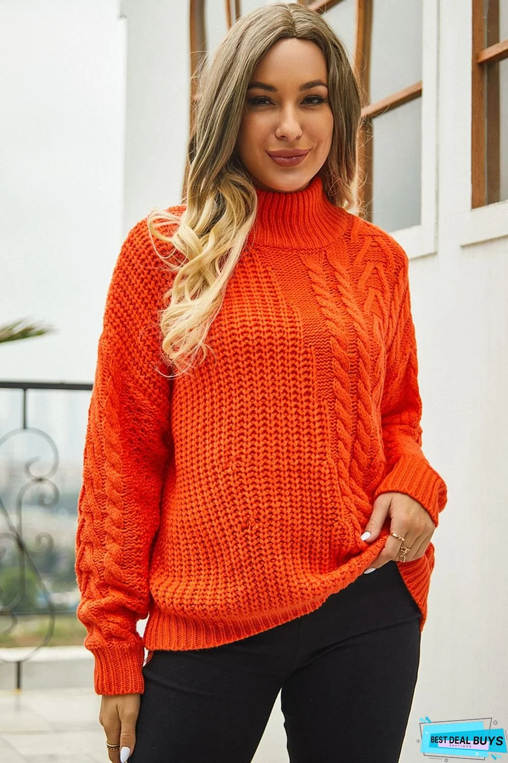 Cable-Knit Turtle Neck Long Sleeve Sweater
