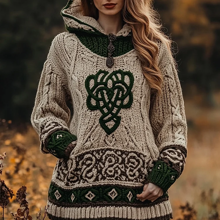 Women's Irish Jacquard Pocket Hooded Sweater