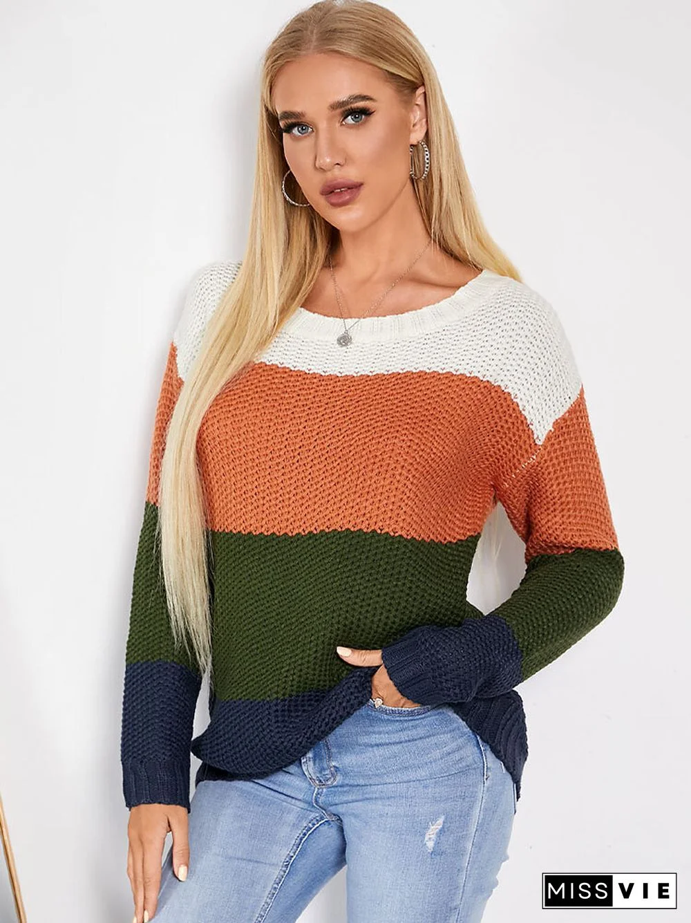 Contrast Color Crew Neck Long Sleeve Women Knit Sweater