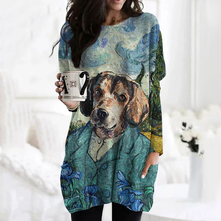 Vefave Art Dog Print Crew Neck Long Sleeve Tunic