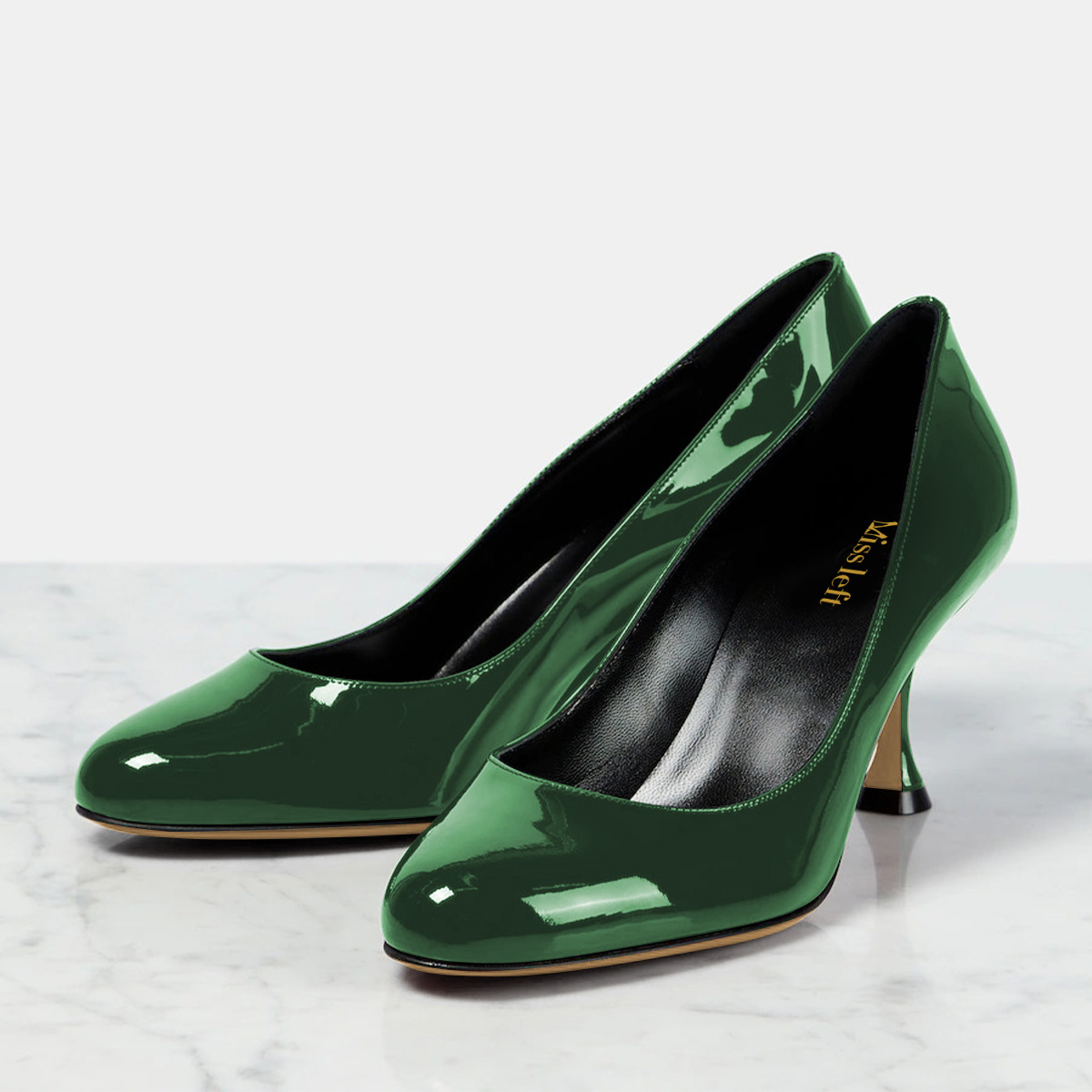 Green Patent Leather Slip-On Round Toe Pumps Shoes with Spool Heel Nicepairs