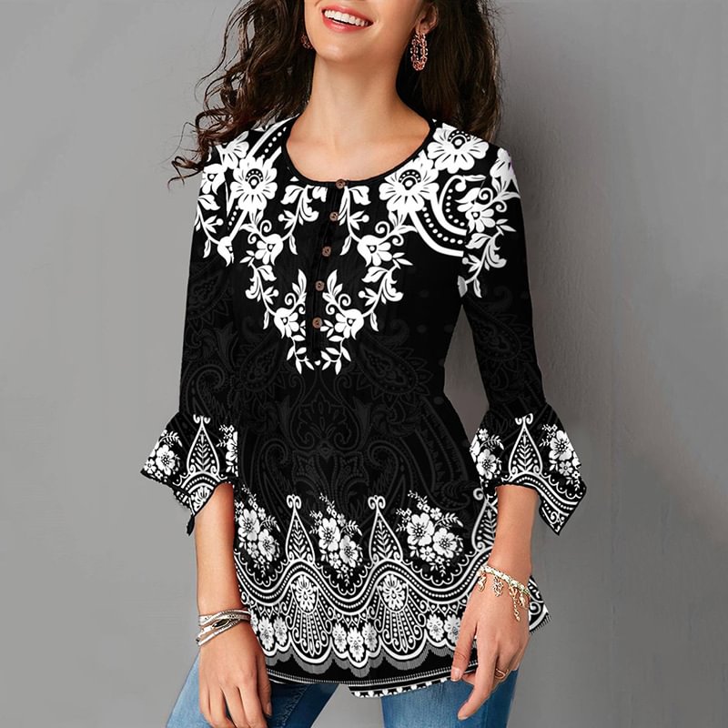 Women's Ruffle Sleeve Printed Shirt 3/4 V-neck T-shirt Blouses