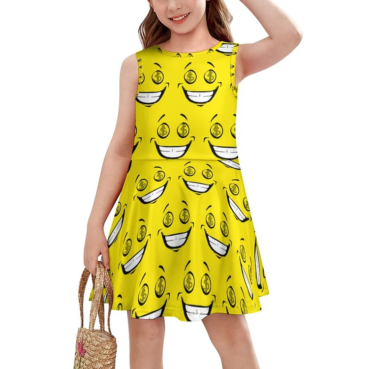 Rich Greedy Money Eyes Yellow Face Girls' Sleeveless Dress Casual Print Sundress for Girls 4-14 Years - Heather Prints Shirts