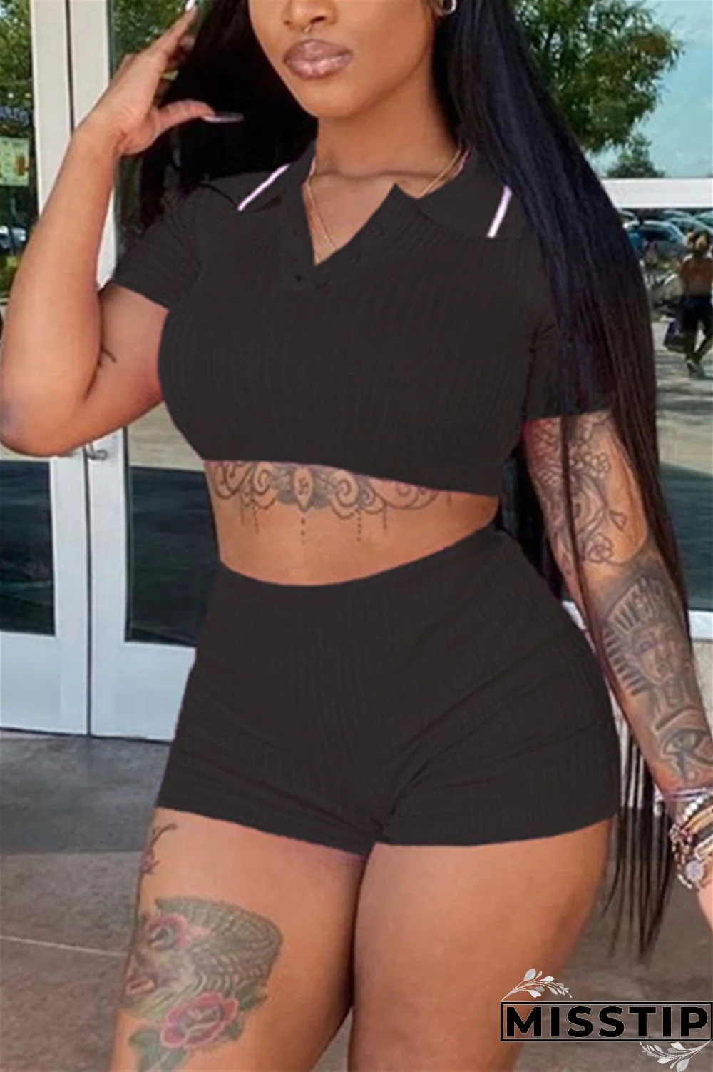 Black Fashion Sexy Patchwork Skinny Short Sleeve Two Pieces