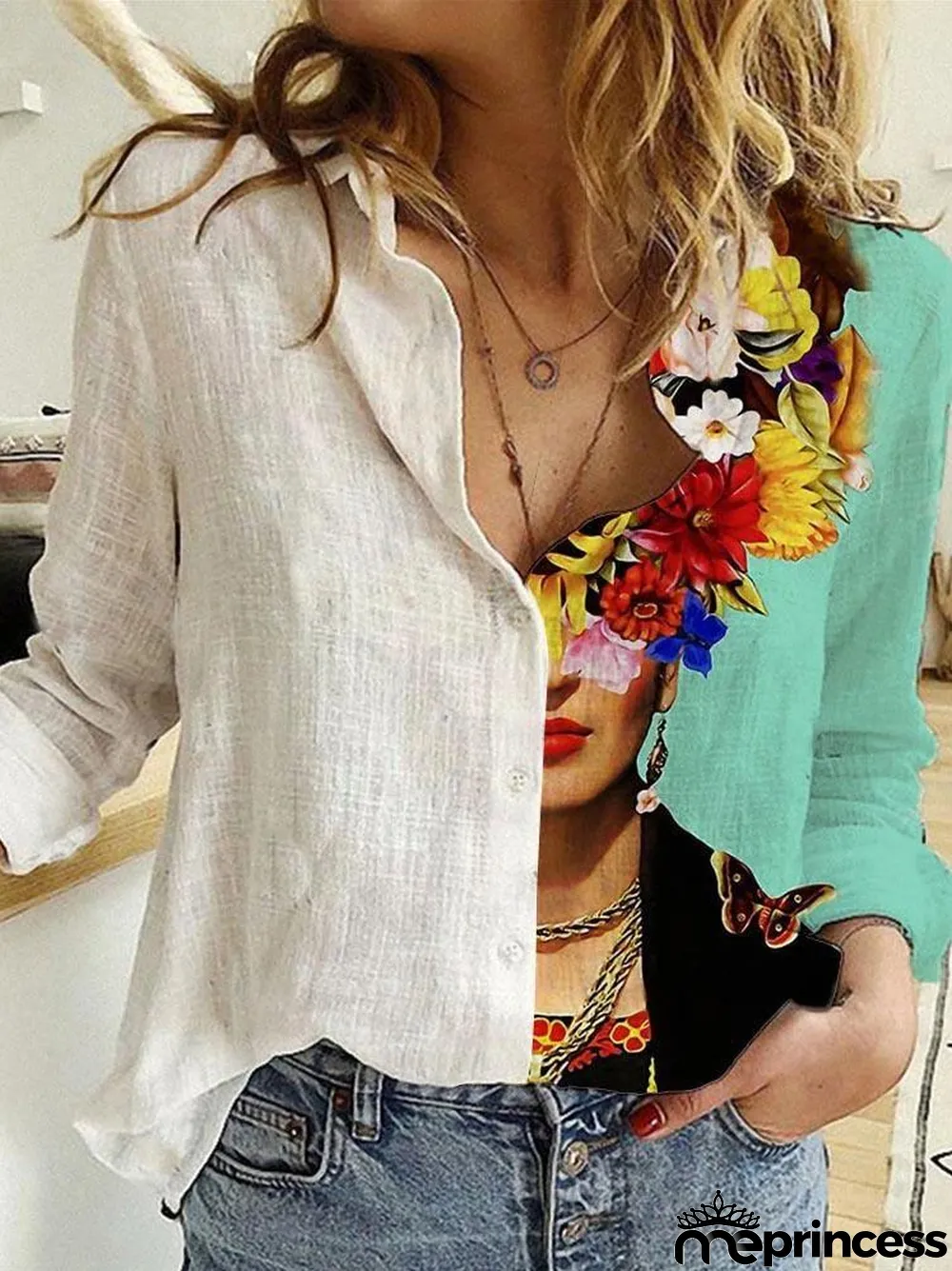 Ladies And Flower Printed Lapel Long Sleeve Shirt