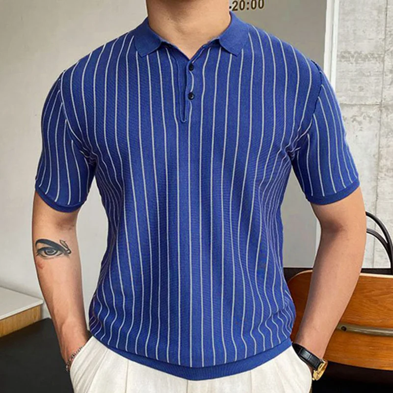 Uveng Uveng Men's Summer New Striped Knit Dresses Short Sleeves Clip Business Polo Shirtsy0155