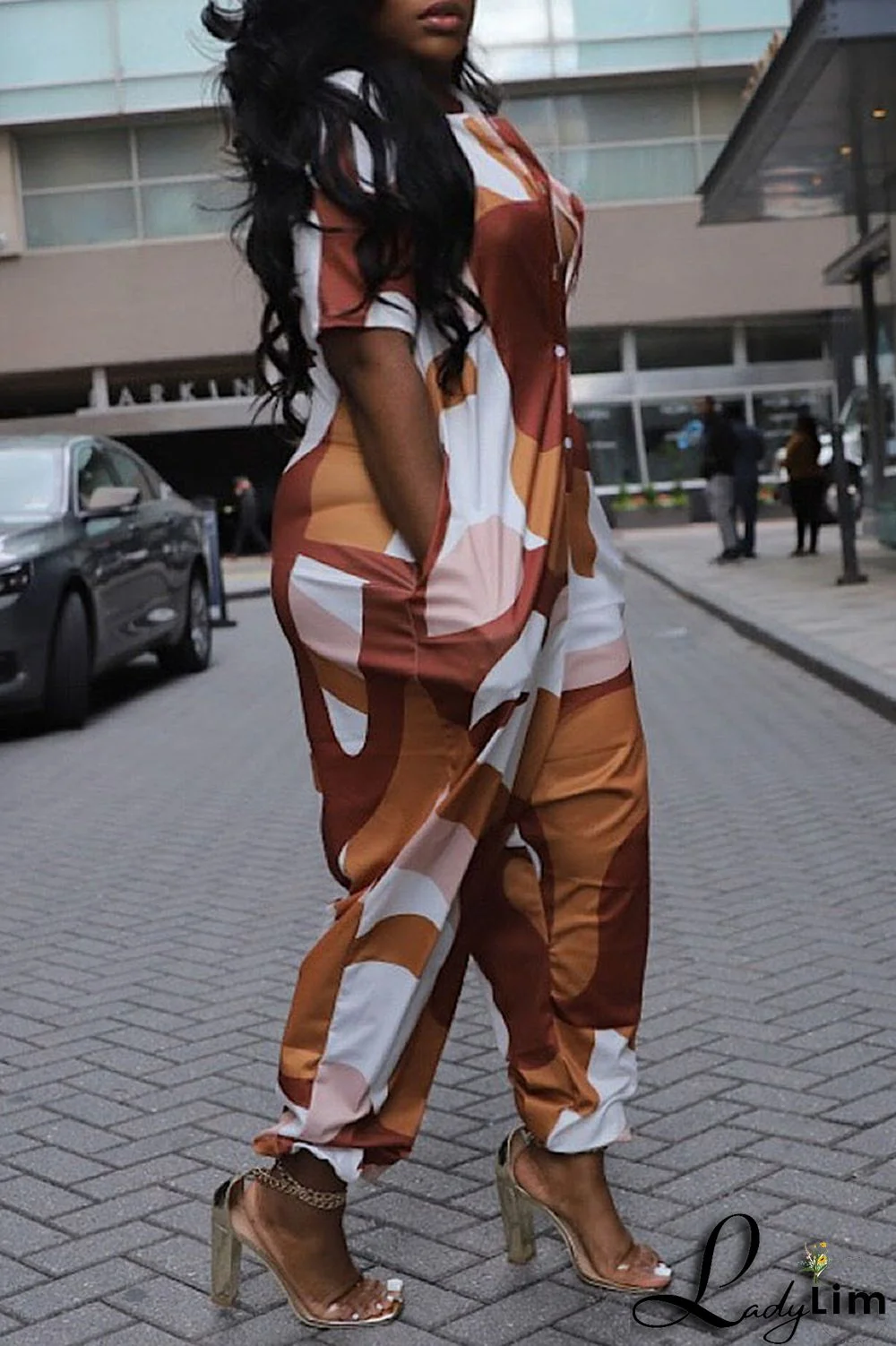 Green Casual Street Print Patchwork Zipper Collar Loose Jumpsuits