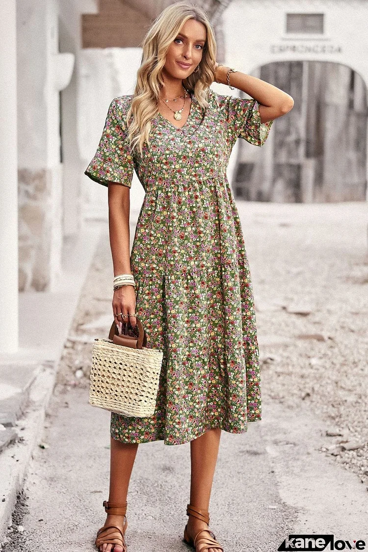 Floral V-Neck Flounce Sleeve Midi Dress