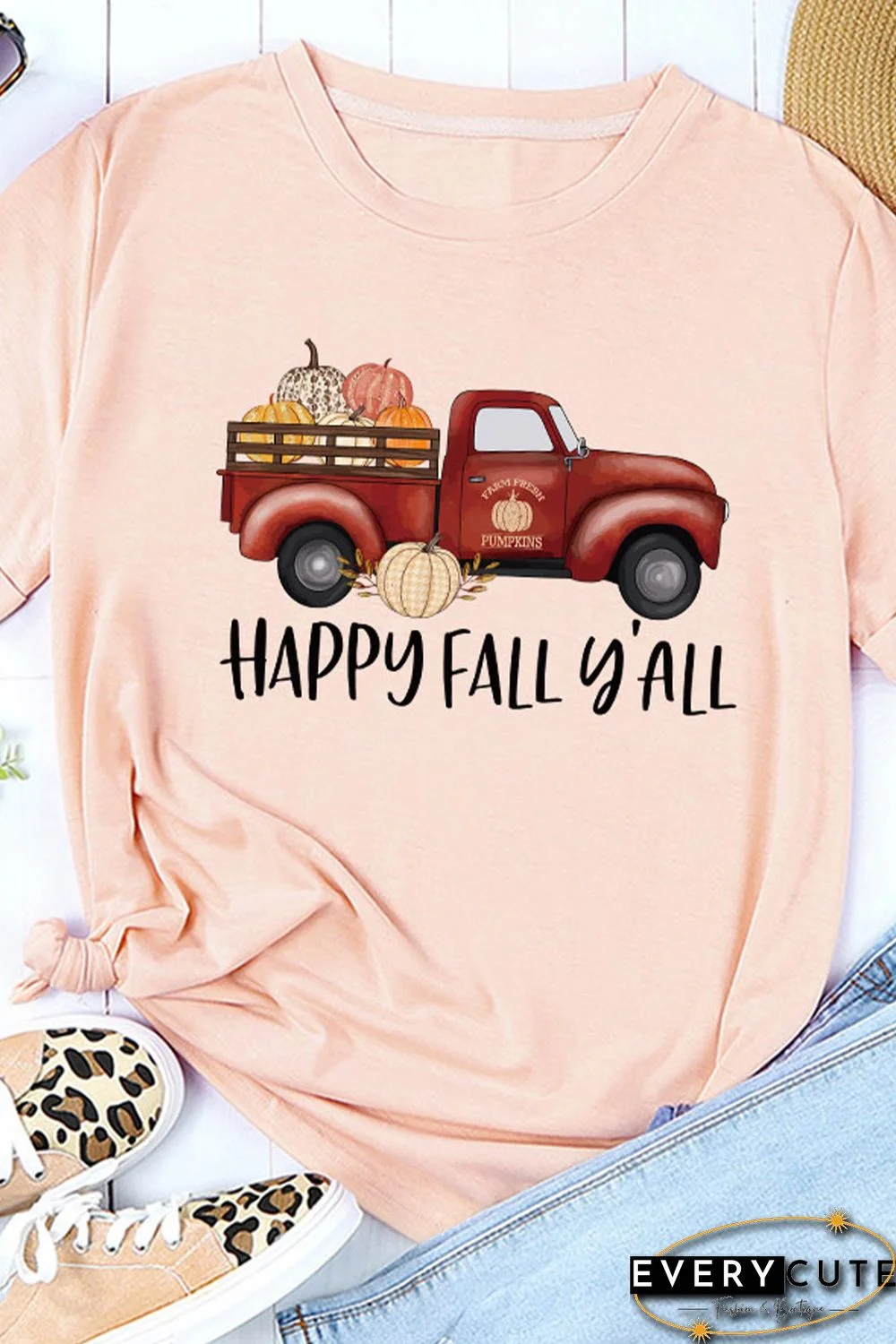 Pink Happy Fall Pumpkin Truck Graphic Tee