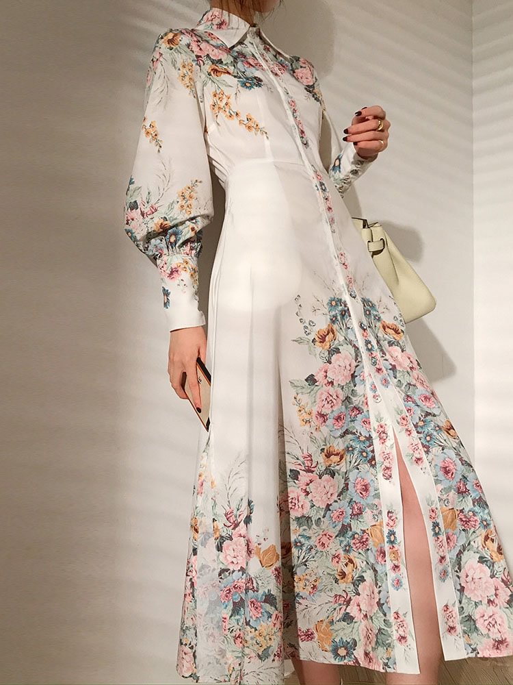 Elegant floral print lapel cardigan dress