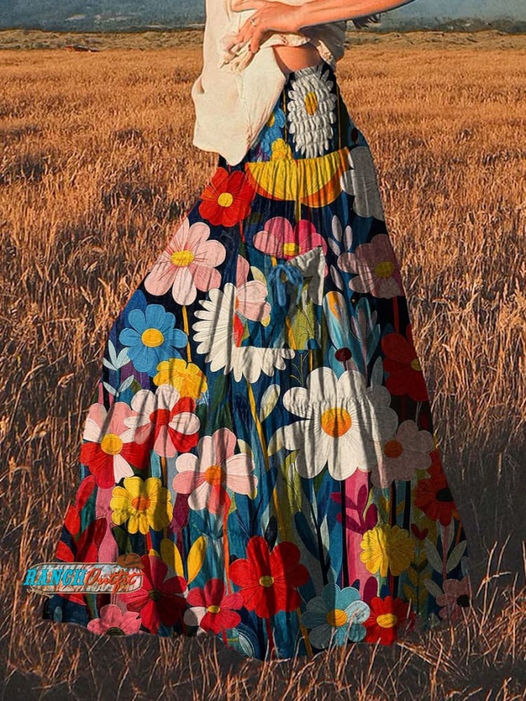 Women’s Colorful Flower Geometric Vintage Print Cotton Pocket Skirt Multicolor / S