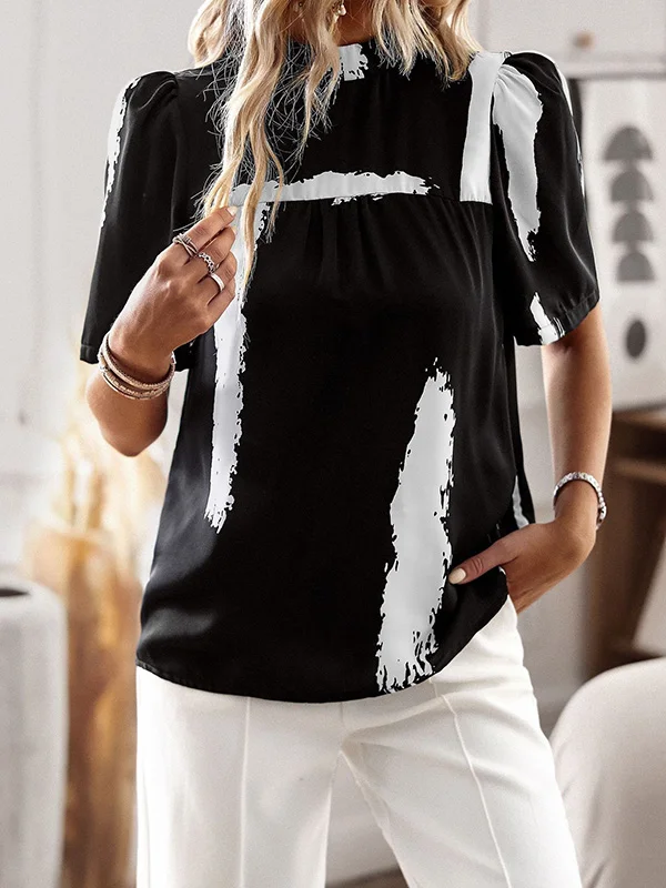 Loose Short Sleeves Printed Split-Joint Mock Neck T-Shirts Tops