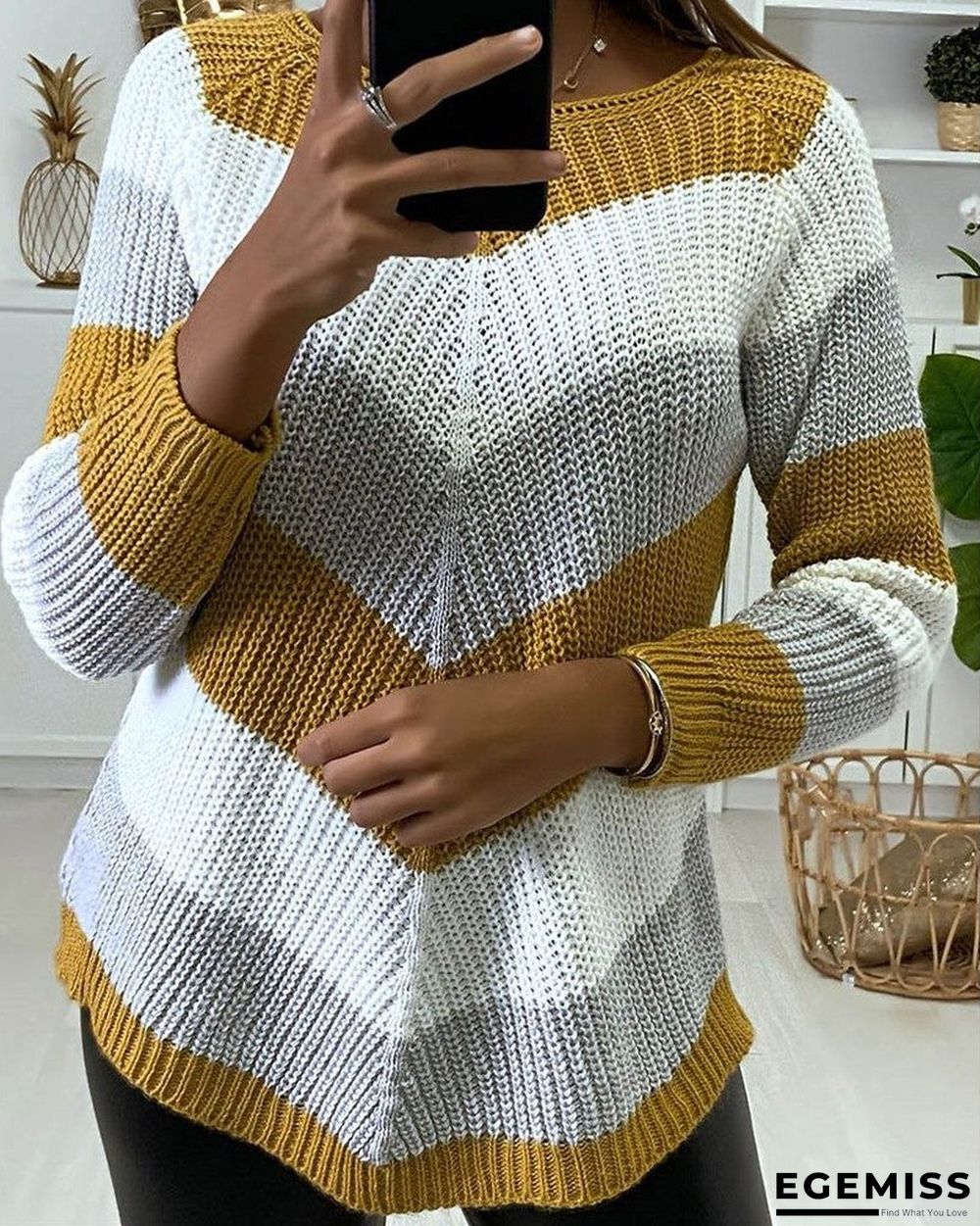 Chevron Pattern Colorblock Long Sleeve Knit Sweater | EGEMISS