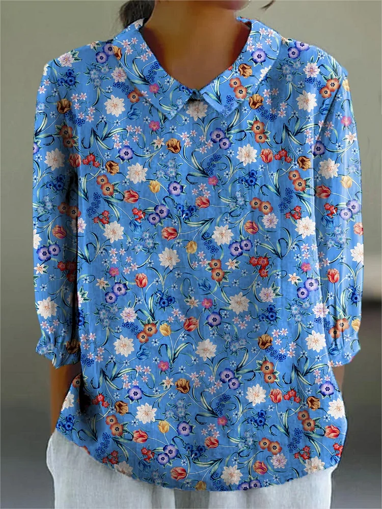 Women's Vintage Floral Pattern Art Print Casual Cotton And Linen 3/4 Sleeve Shirt