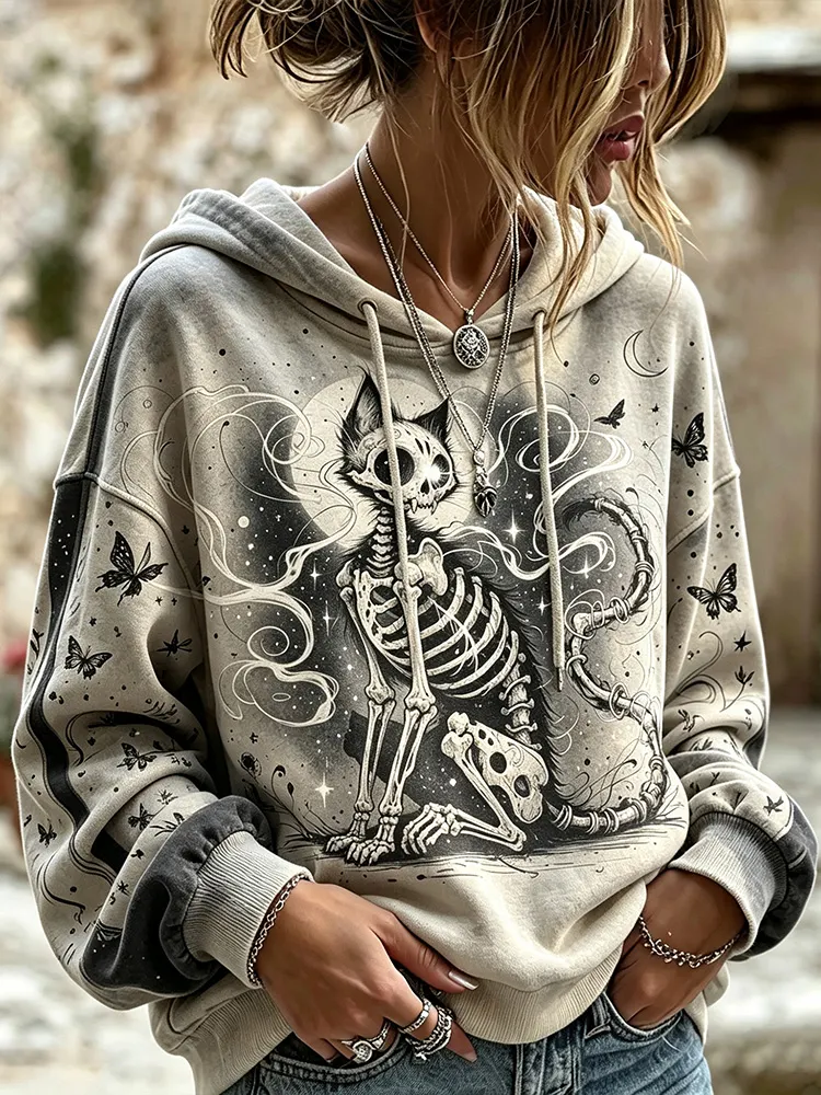 Vintage Washed Gothic Halloween Skeleton Black Cat Moon Butterfly Graphic Hoodie