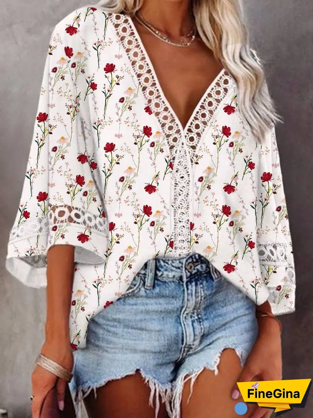 Casual Floral V Neck Loose Three Quarter Tops