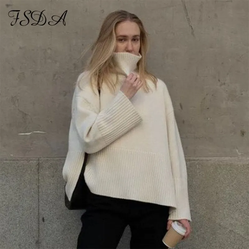 FSDA 2021 Autumn Winter Oversized Pullover Women Knitted Turtleneck Long Sleeve Striped Loose Sweater Casual Fashion Khaki