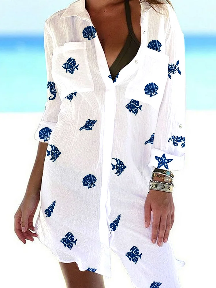 Women's Elegant Shell Fish  Pattern Casual Dress Shift Dress Mini Dress