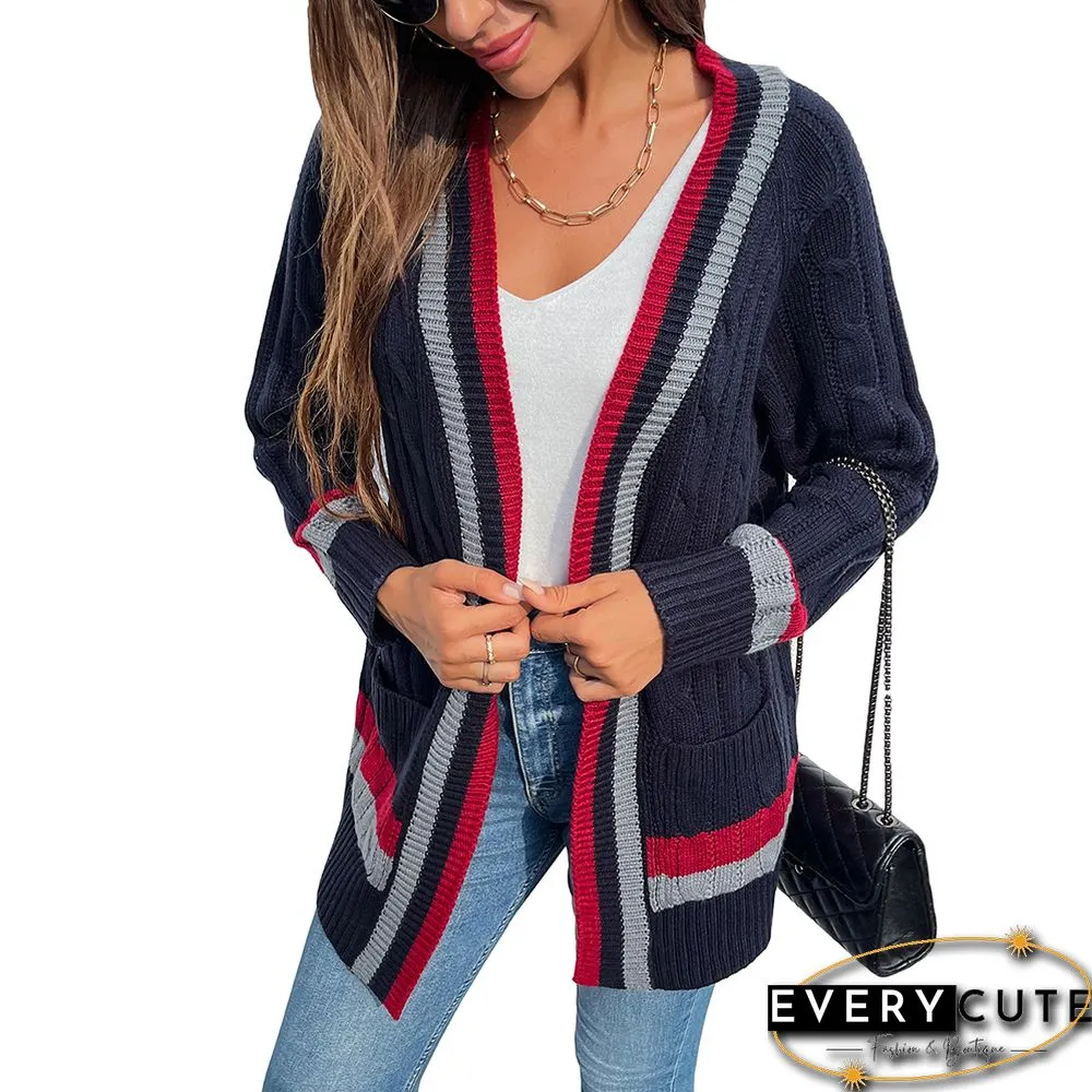 Navy Blue Striped Print Open Front Pocket Cardigan