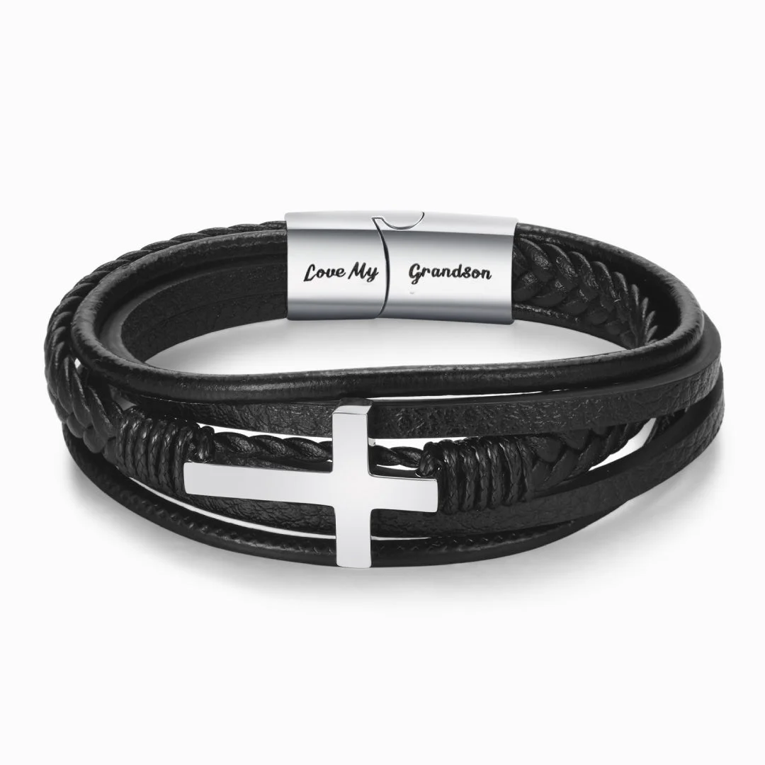 To My Grandson Pray Through It Leather Cross Bracelet