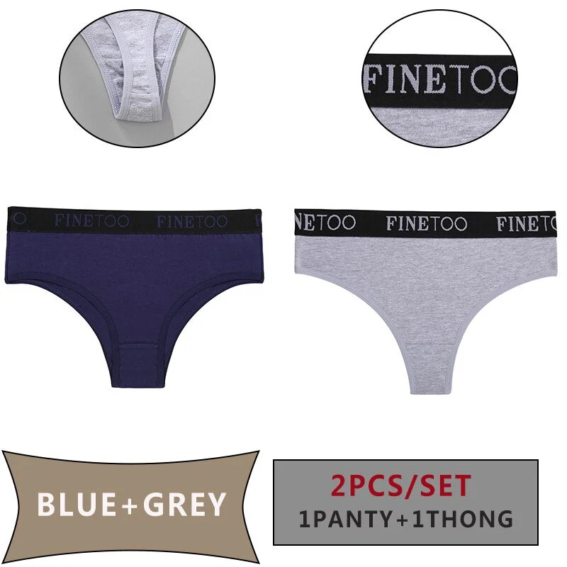 FINETOO 2PCS/Set Women Cotton Panties Sexy Letter Underwear Panty Thong Low Waisted 1Panty+1G-string Brief Tanga Lingerie Femme