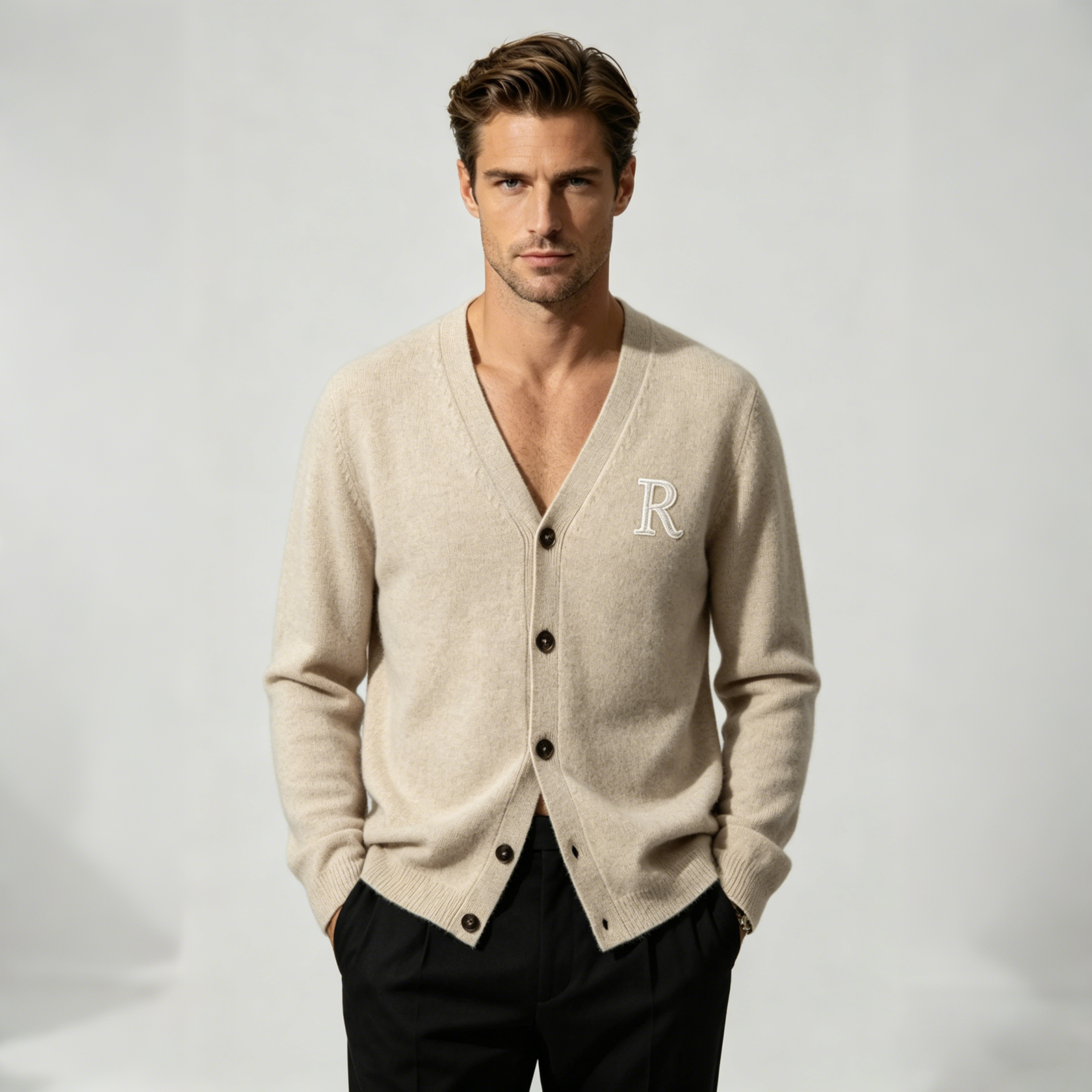 Monogrammed Men's V-Neck Cashmere Cardigan | Button-Front Style REAL SILK LIFE