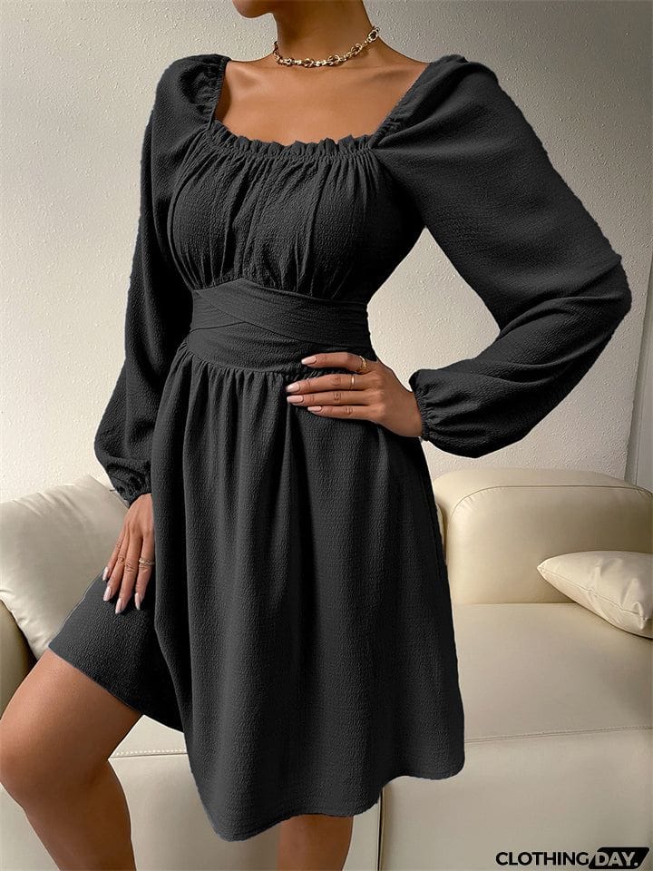 Temperament Trendy Lady Square Neck Long Sleeve High-waisted A-line Dress