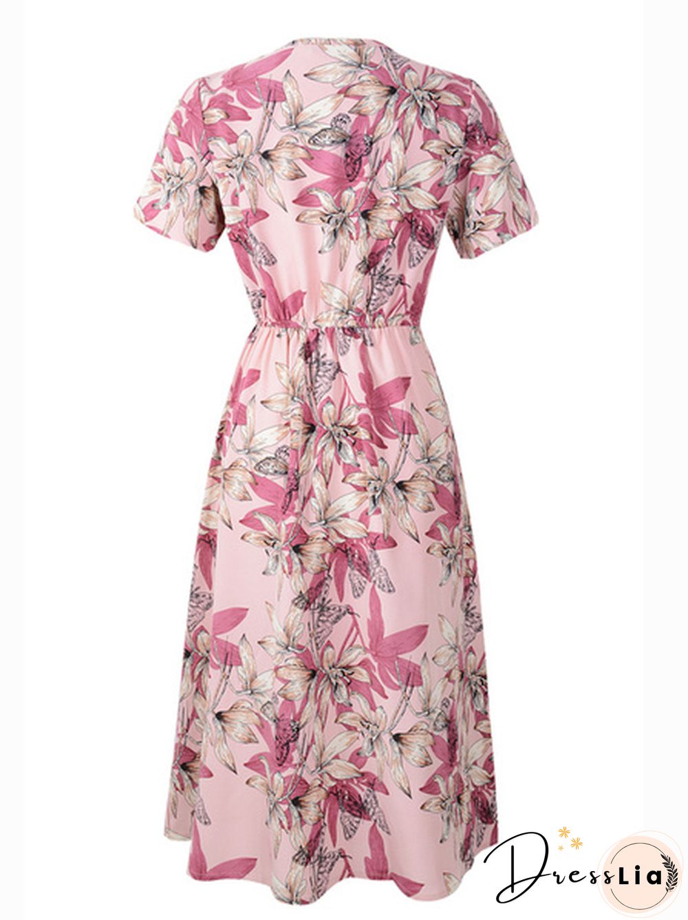 Floral Print V-Neck Half Elastic Waist Dress