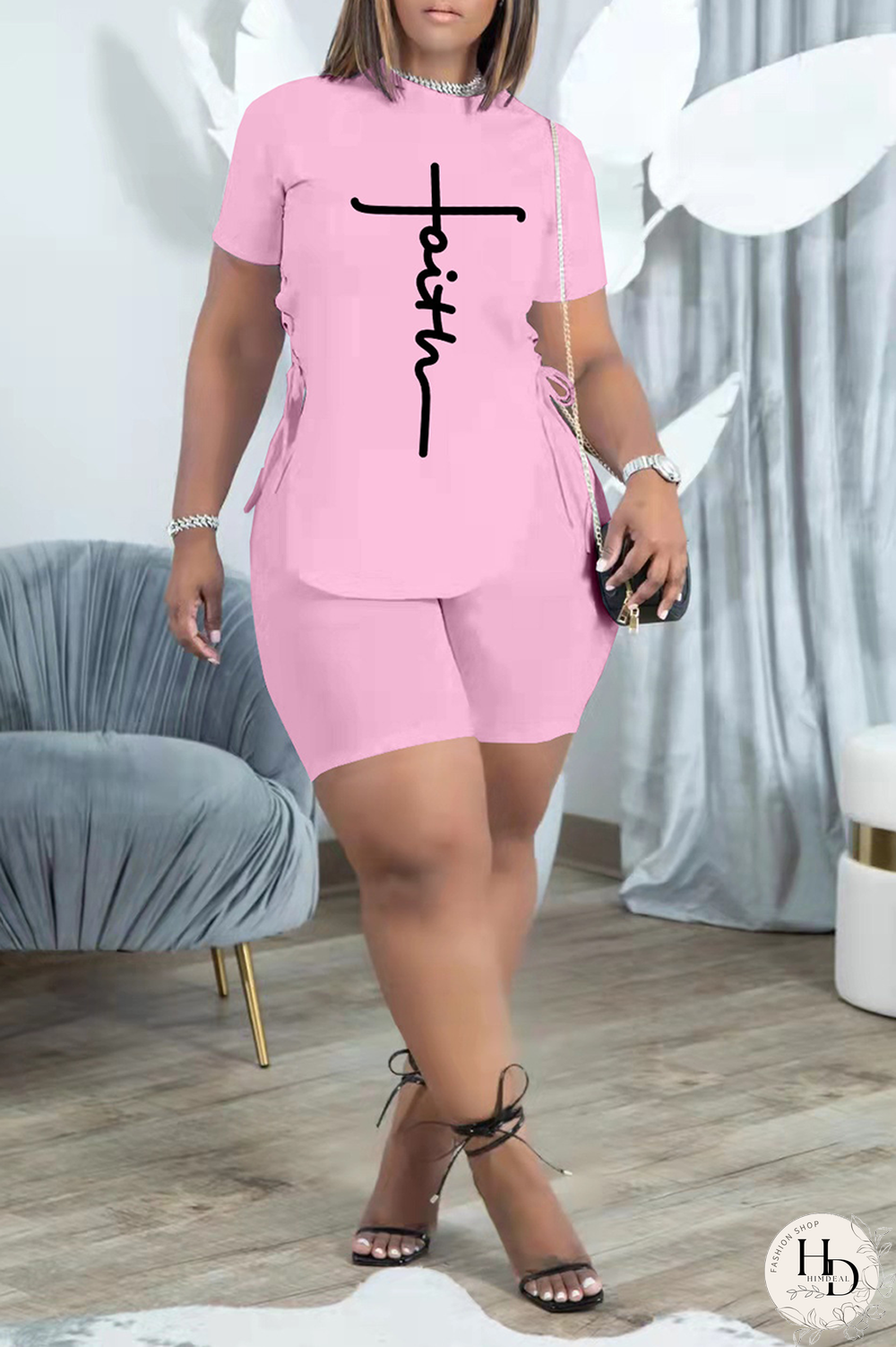 White Casual Print Draw String O Neck Short Sleeve Two Pieces