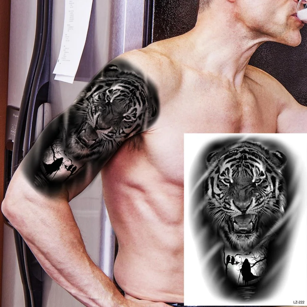 Big Black Bull Totem Arm Temporary Tattoos For Men Adult Tiger Anchor Realistic Fake Tattoo Sticker Body Art Tatoo Armband