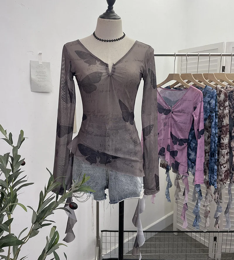 Churchf Dizziness Printing Mesh T-Shirt T-Shirt Irregular Lotus Leaf Side Ribbon Short Coat 9927