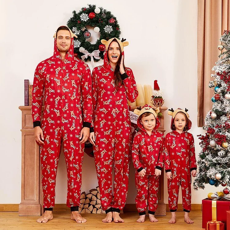 Christmas Reindeer Print Onesie Family Matching Pajamas Sets(Red)