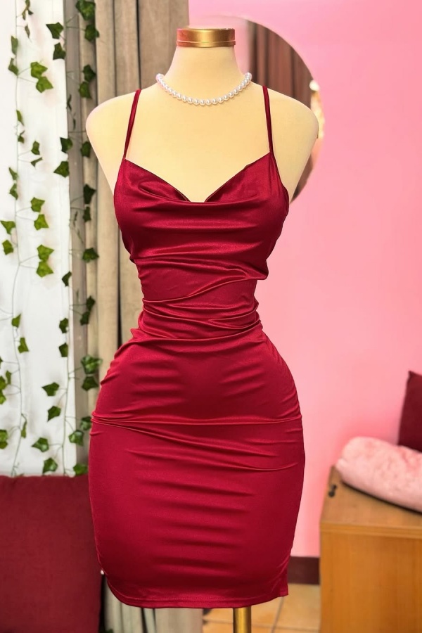 Red Spaghetti-Straps Short Prom Dress Sleeveless QL0054
