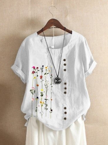 Embroidery Short Sleeve O neck Causal Cotton Blouse for Women P1848607