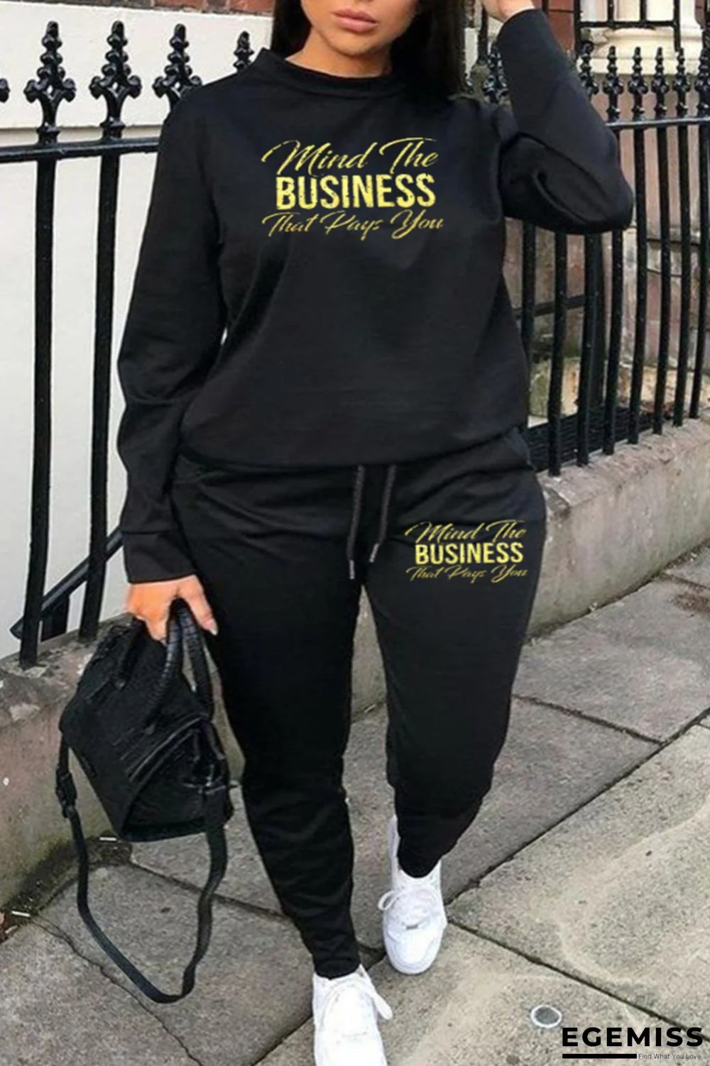 Black Fashion Casual Letter Print Patchwork O Neck Plus Size Two Pieces | EGEMISS