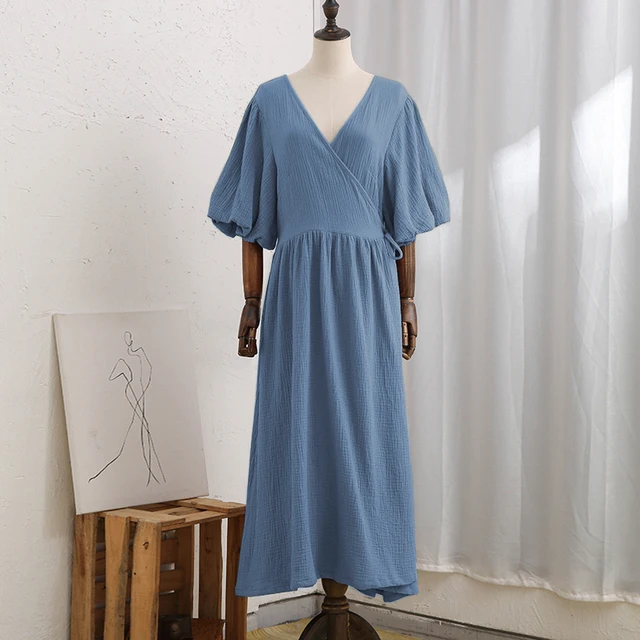 Tozwheels event dresses for women luxury Causal 100% Cotton Women's Dress Vintage Crepe Gauze V-Neck Puff Sleeve Bandage Lace Up Elegant White Dresses Long Maxi Robe