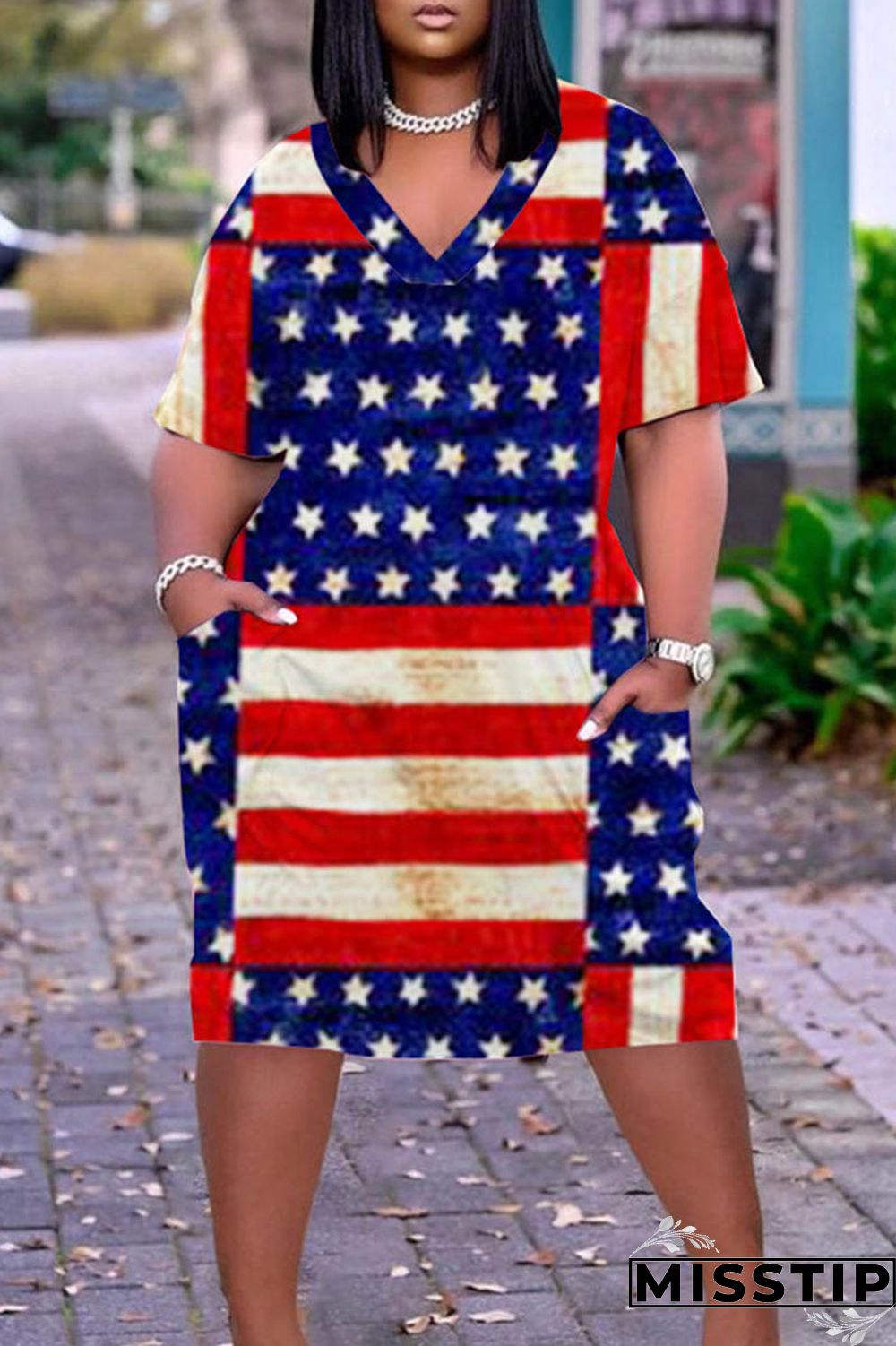 Dark Blue Red Casual Print Patchwork V Neck Short Sleeve Dress Plus Size Dresses