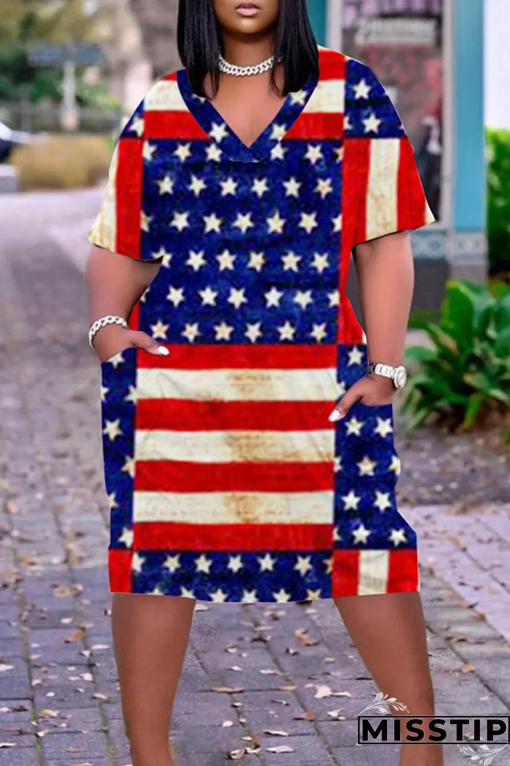 Dark Blue Red Casual Print Patchwork V Neck Short Sleeve Dress Plus Size Dresses