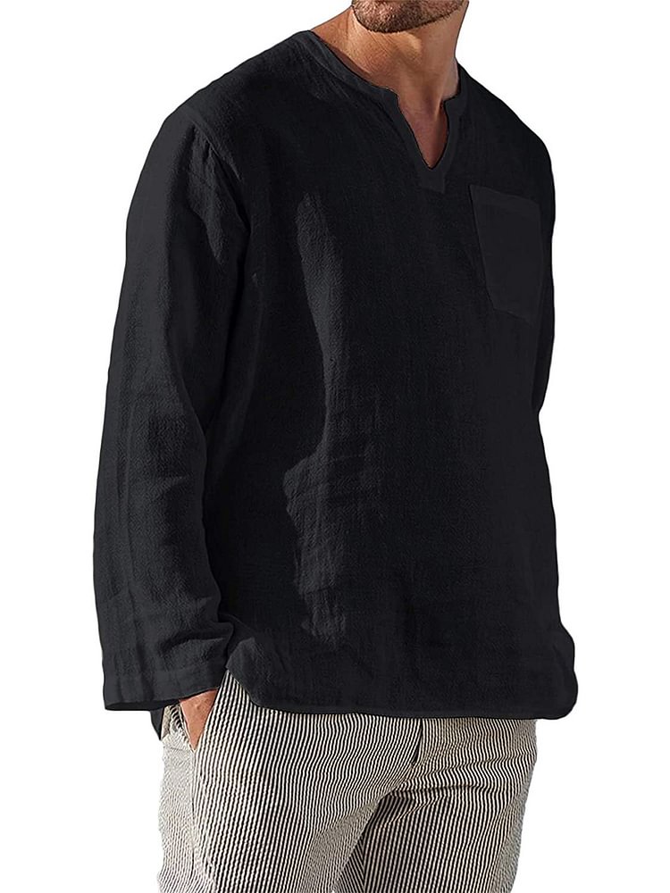 Men's Long Sleeve V-Neck Casual Beach Linen Shirt