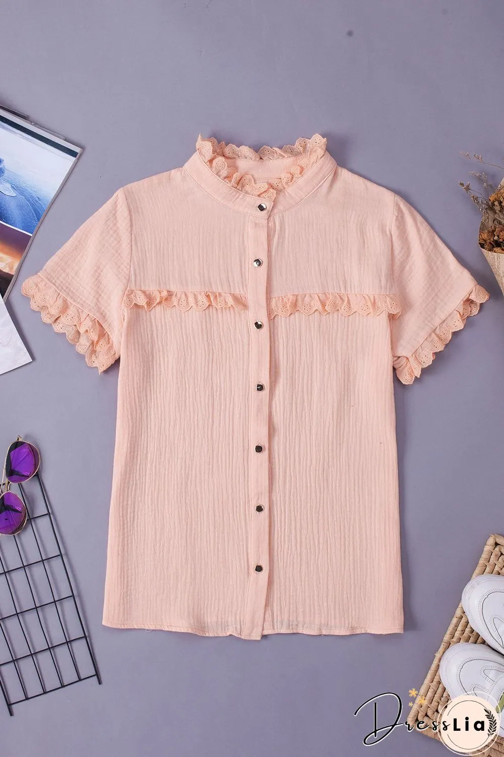 Scalloped Lace Trim Short Sleeve Shirt