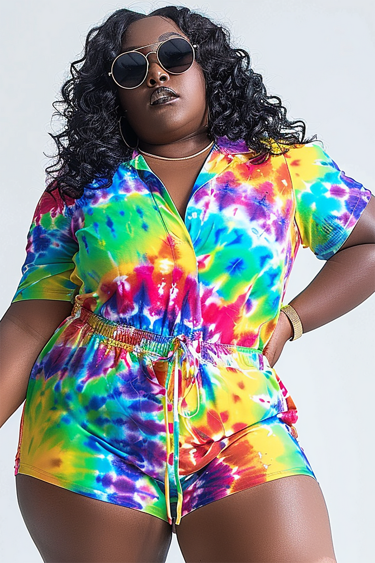 Xpluswear Design Plus Size Vacation Rainbow Tie Dye Shirt Collar Short Sleeve Button Pull-On Waist Knitted Rompers [Pre-Order]