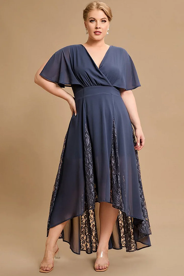 Flycurvy Plus Size Formal Blue Elegant V Neck Asymmetrical Chiffon Lace Short Sleeve Tea-Length Dress  Flycurvy [product_label]