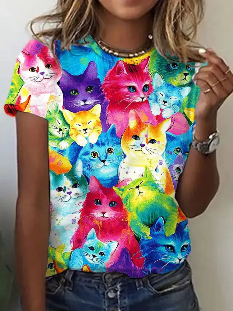 Lovely Rainbow Cats Art Round Neck Casual T Shirt
