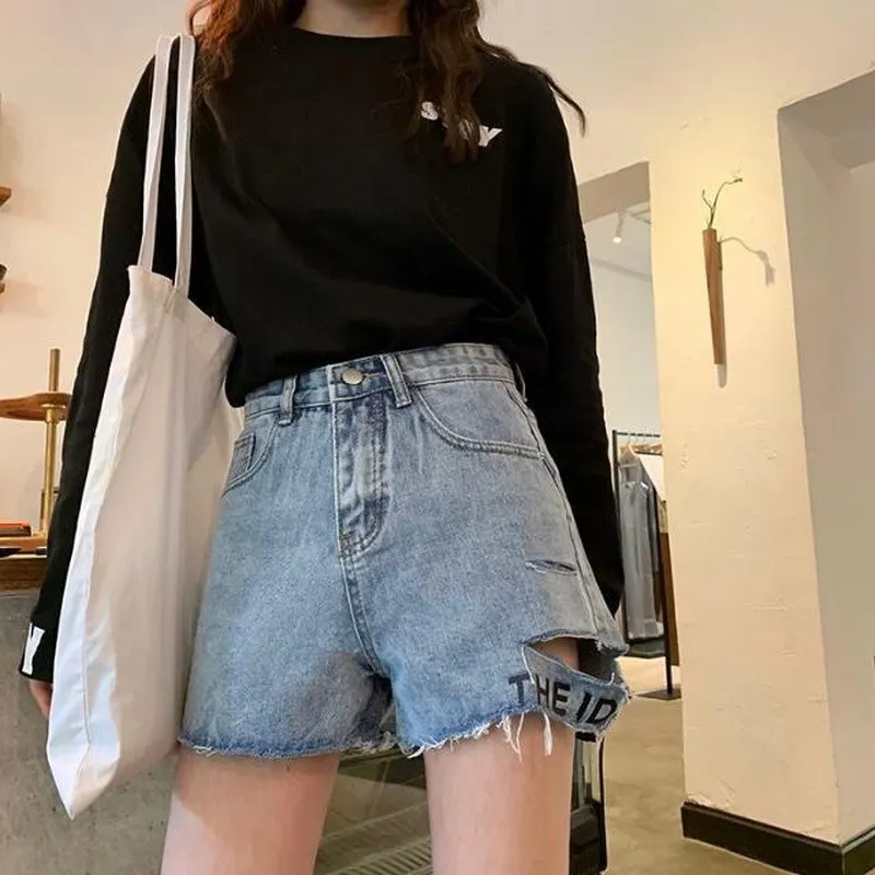 Shorts Women Summer Denim High Waist Holes Ripped Letter Embroidery Womens BF Street Wear Ulzzang Students Fur-line Leisure New