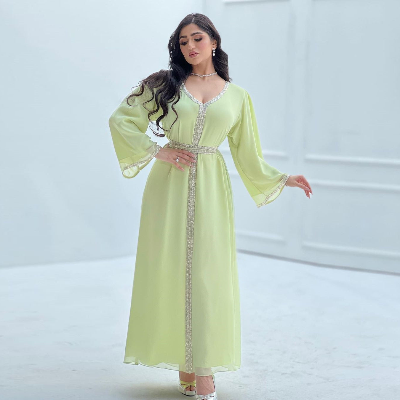 Chiffon Sequin Stripe Belt V Neck Long Sleeve Women Abaya | Oxredo Shop Ramadan Sale