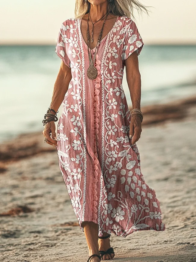 Women's Vintage Ethnic Floral Art Print Pocket Cotton Dress