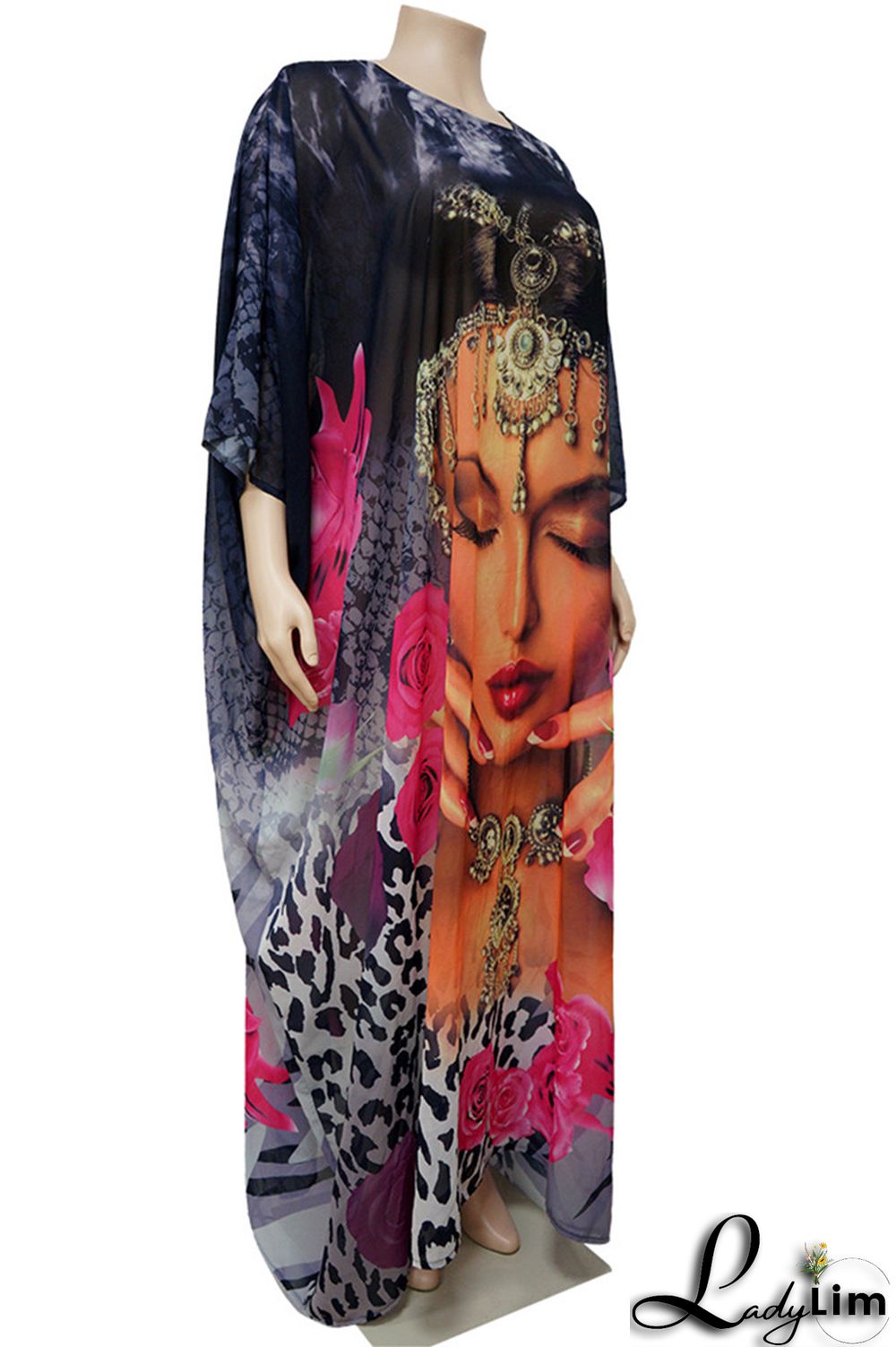 Rose Red Fashion Casual Print Basic O Neck Long Sleeve Plus Size Dresses