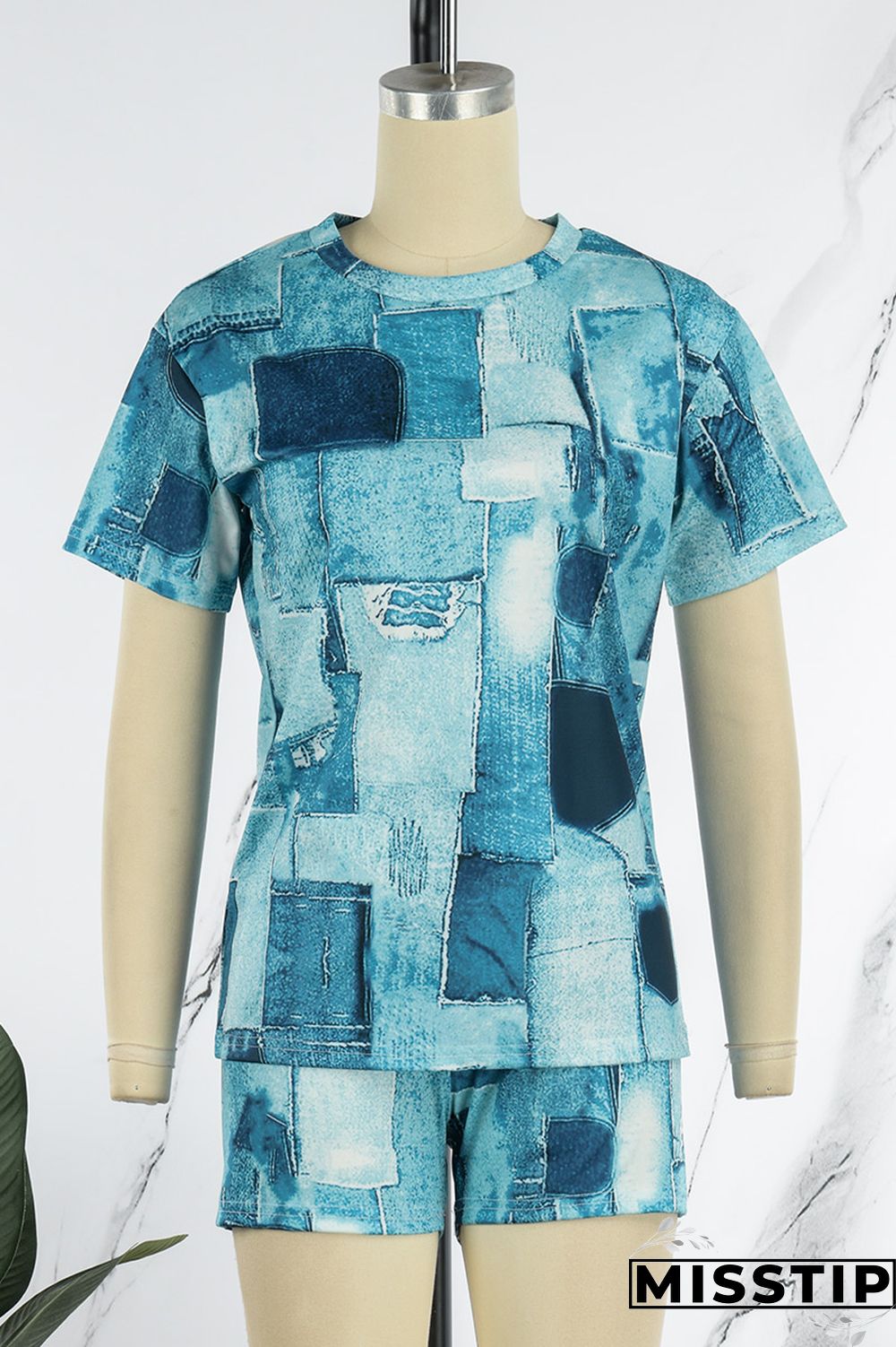 Apricot Casual Print Patchwork O Neck Short Sleeve Two Pieces