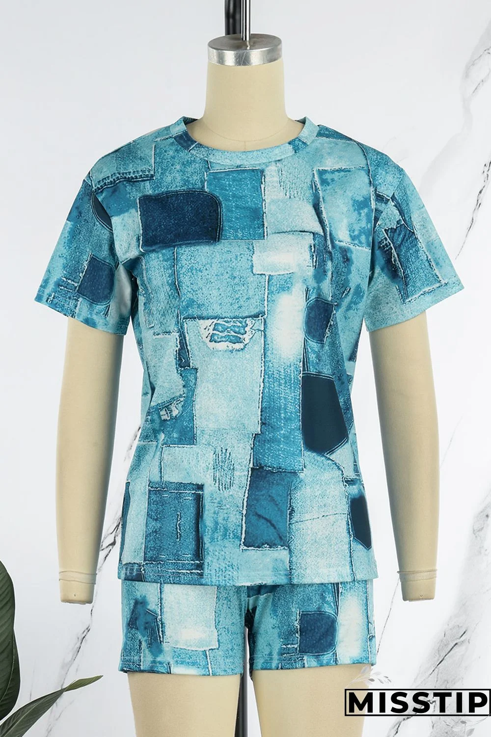 Apricot Casual Print Patchwork O Neck Short Sleeve Two Pieces