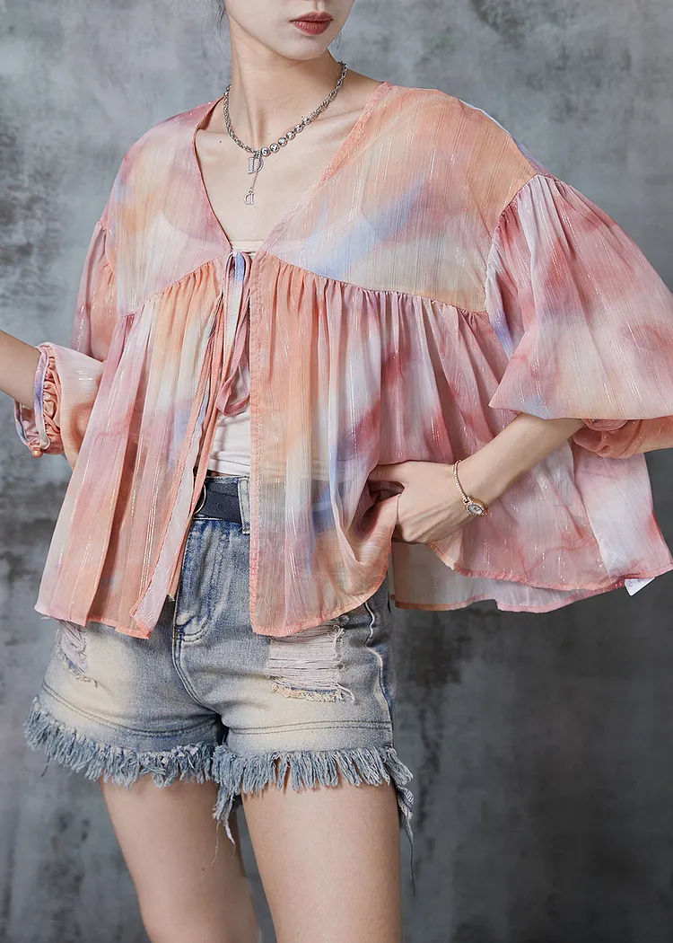 Plus Size Gradient Color Oversized Lace Up Chiffon Blouses Fall